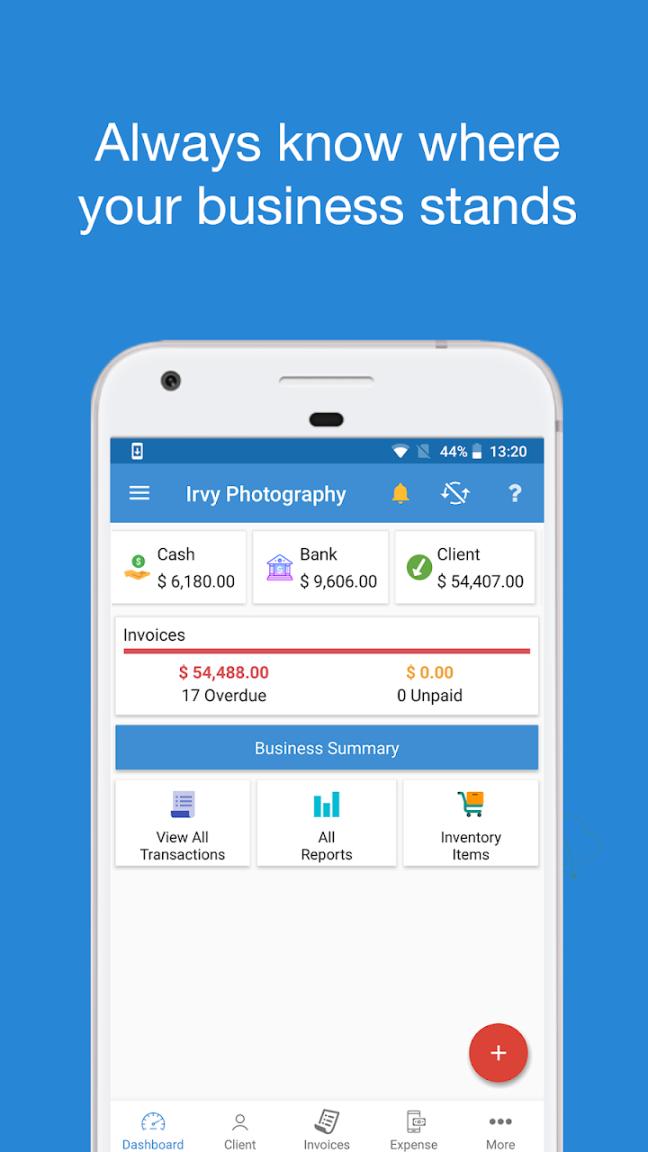 Book Keeper app dashboard showing cash, bank and client balances