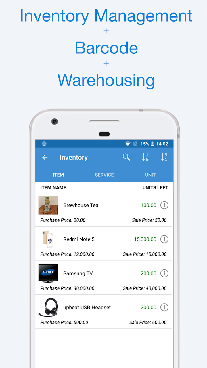 Book Keeper app inventory list with stock levels