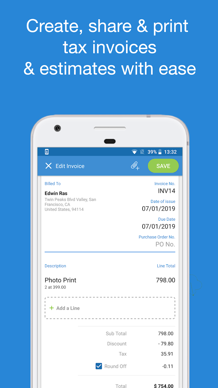 Book Keeper app invoice editing screen