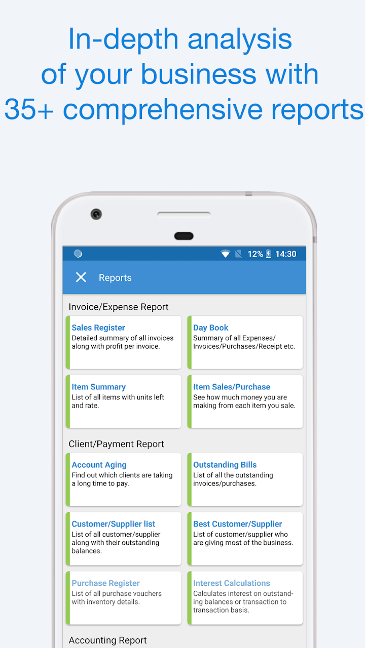 Book Keeper app business reports list